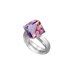 Sterling Silver adjustable ring with Vitrail Light cube crystal in pink and iridescent tones