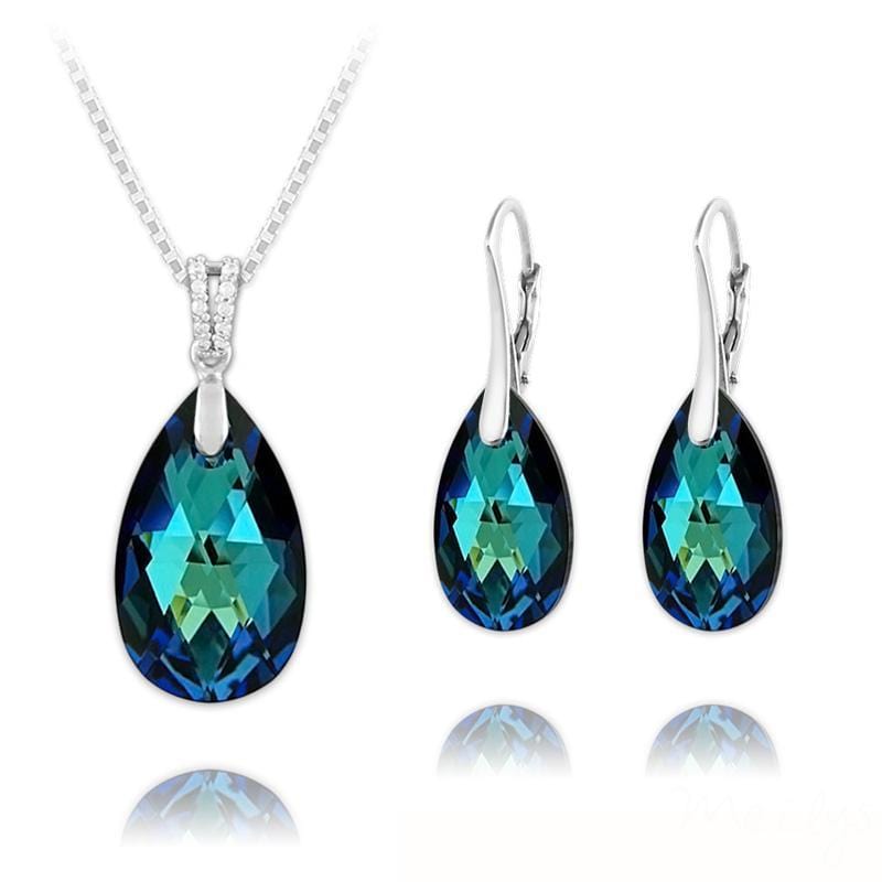Sterling silver necklace and leverback earrings set with genuine Bermuda Blue Swarovski crystal teardrops