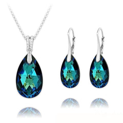 Sterling silver necklace and leverback earrings set with genuine Bermuda Blue Swarovski crystal teardrops