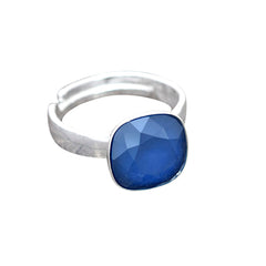 Sterling Silver adjustable ring featuring a royal blue cushion-cut crystal in a polished bezel setting