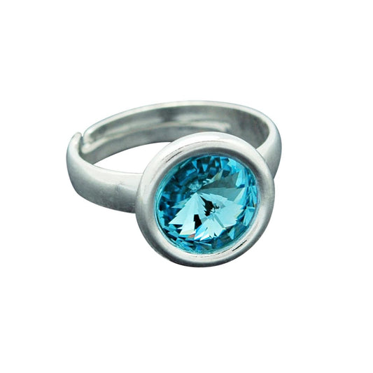 Sterling Silver adjustable ring with a round aquamarine crystal in a polished bezel setting