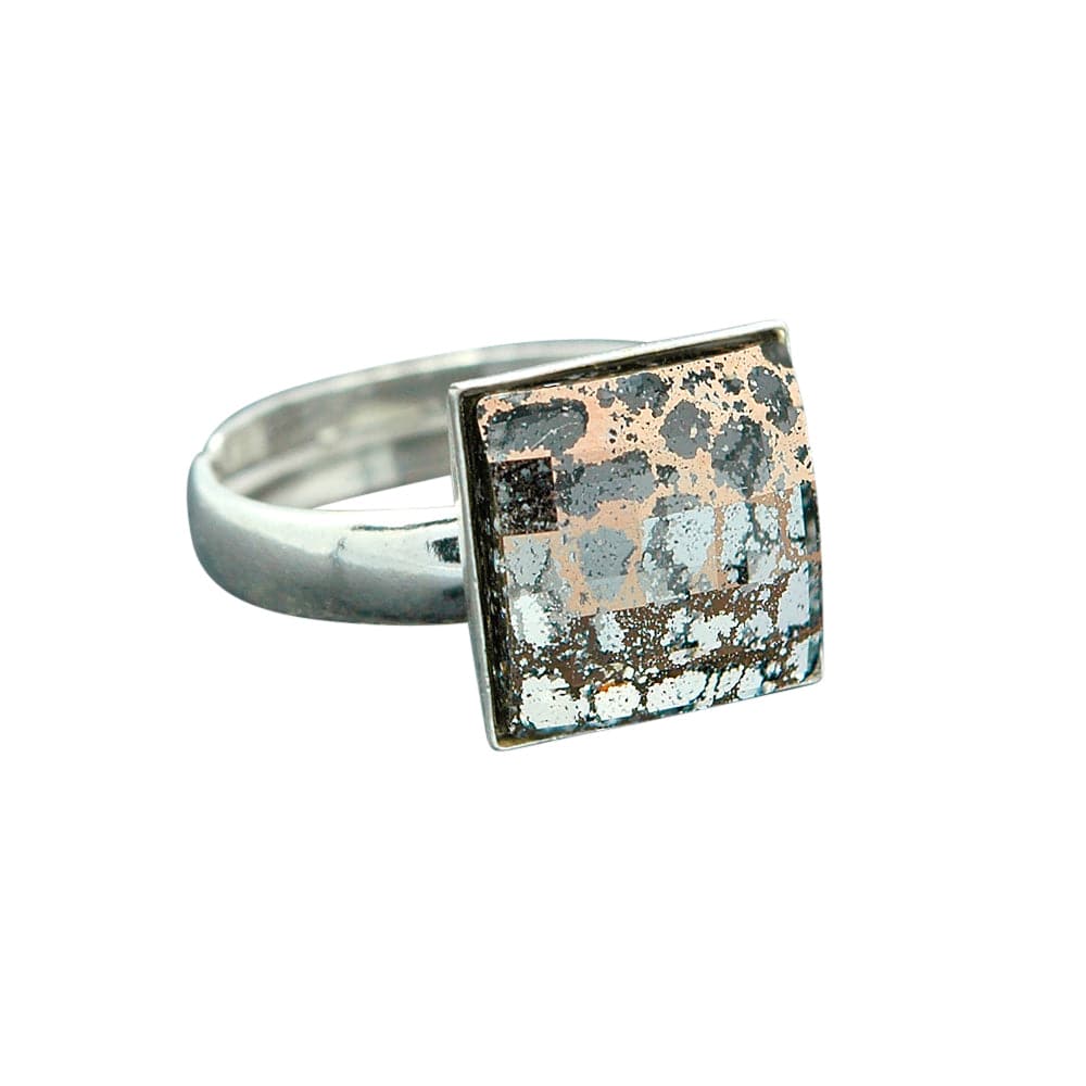 Sterling Silver adjustable ring with square rose patina chessboard crystal in a polished bezel setting