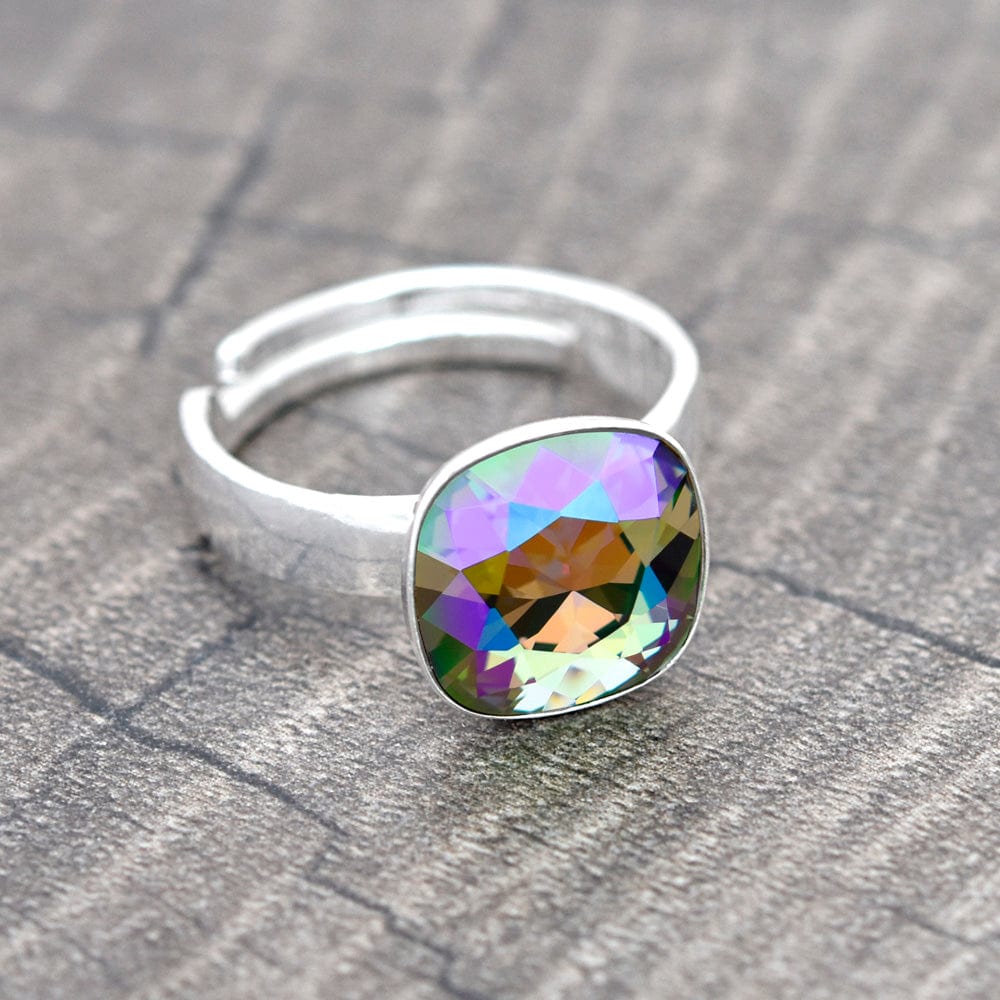 Adjustable rhodium plated sterling silver ring with Paradise Shine crystal in a cushion-cut setting