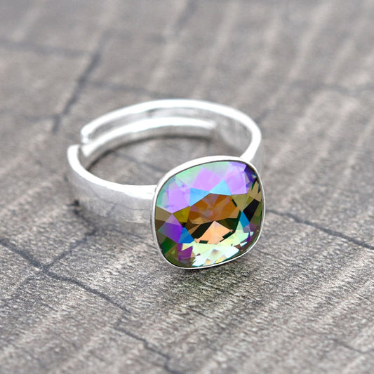 Adjustable rhodium plated sterling silver ring with Paradise Shine crystal in a cushion-cut setting