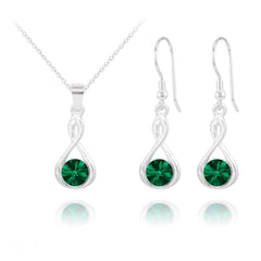 Infinity sterling silver necklace and earrings set with genuine emerald gemstones in elegant infinity design