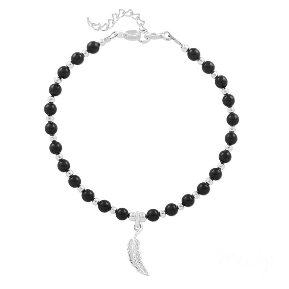 Sterling Silver bracelet with Genuine Mystic Black crystals, feather charm and adjustable extension chain