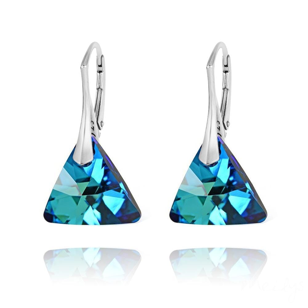 Sterling Silver leverback earrings with Genuine Swarovski Bermuda Blue triangle crystals