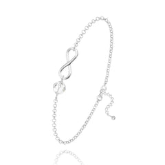 Sterling Silver infinity bracelet with faceted white crystal and adjustable extension chain