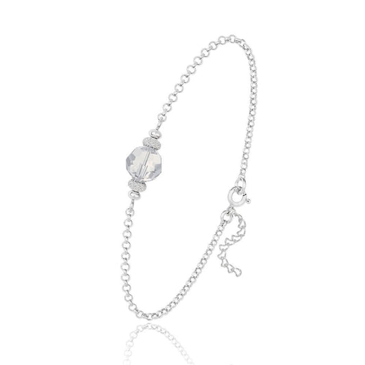 Sterling silver chain bracelet with an 8mm genuine White Opal Swarovski crystal and textured silver spacer beads