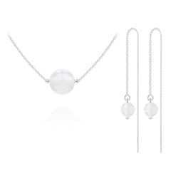 Rhodium plated Sterling Silver jewellery set with white jade bead necklace and threader earrings