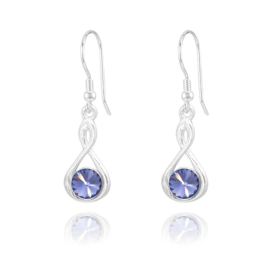Rhodium plated Sterling Silver drop earrings with Genuine Swarovski Tanzanite crystals and infinity design