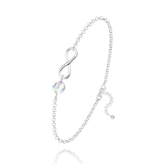 Sterling Silver infinity bracelet with Genuine Swarovski White AB crystal and adjustable rhodium plated chain