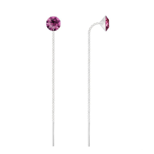 Sterling Silver threader earrings with Genuine Swarovski Amethyst crystals and long rhodium plated chain