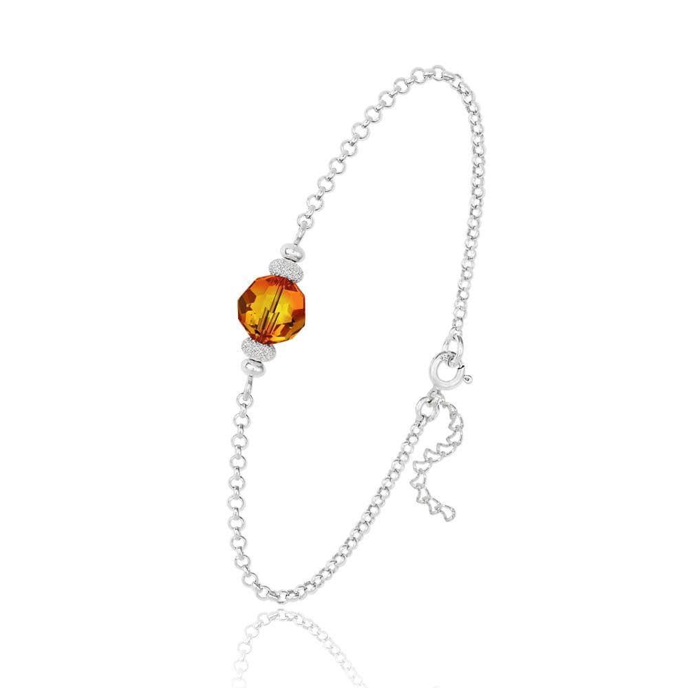 Sterling silver bracelet with an 8mm genuine Fire Opal Swarovski crystal, textured silver spacers and extension chain