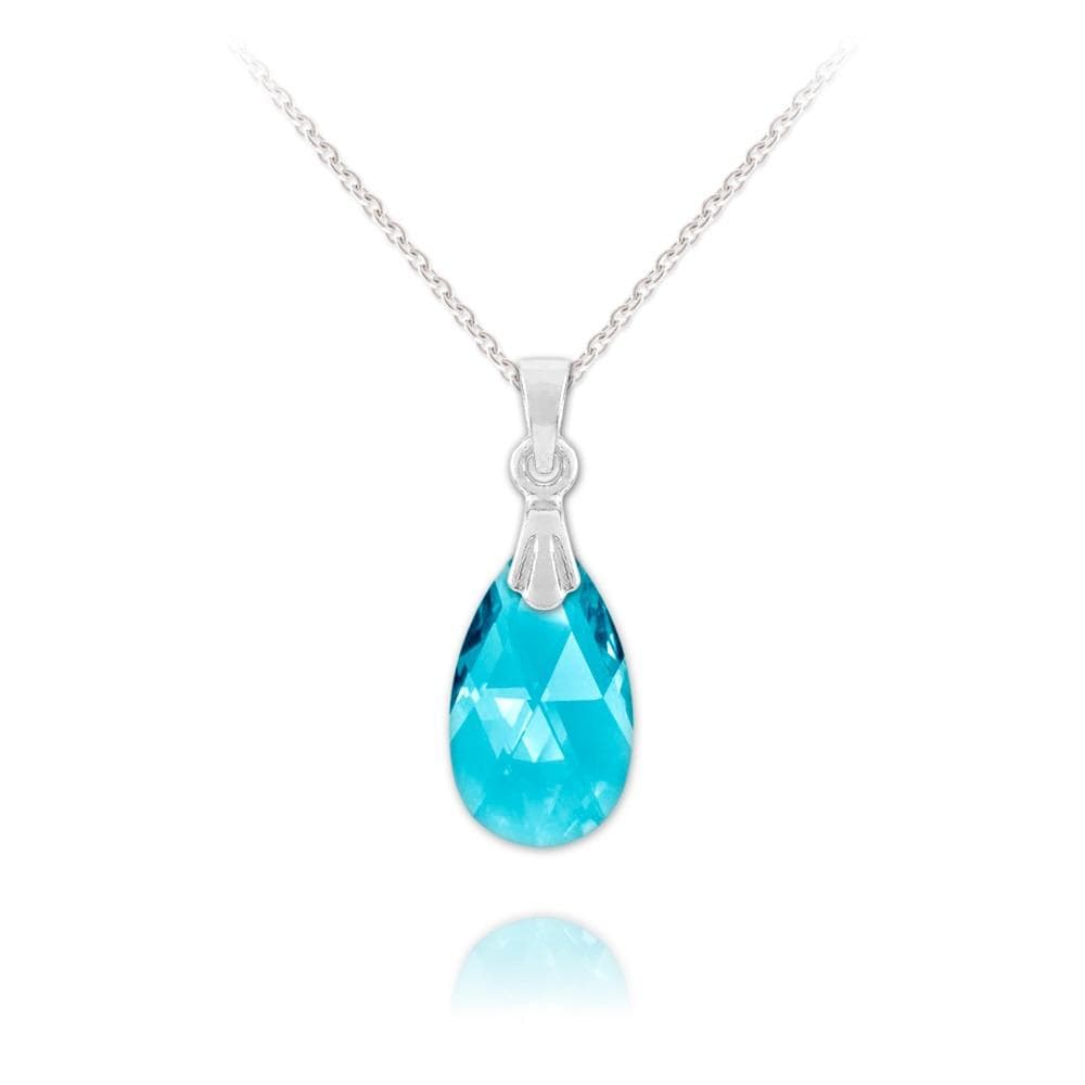 Sterling Silver pear pendant necklace with Genuine Swarovski Aquamarine crystal and rhodium plated finish