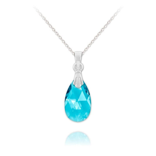 Sterling Silver pear pendant necklace with Genuine Swarovski Aquamarine crystal and rhodium plated finish