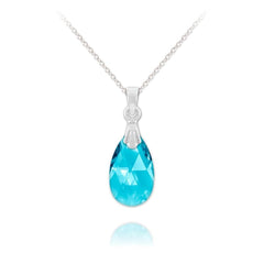 Sterling Silver pear pendant necklace with Genuine Swarovski Aquamarine crystal and rhodium plated finish