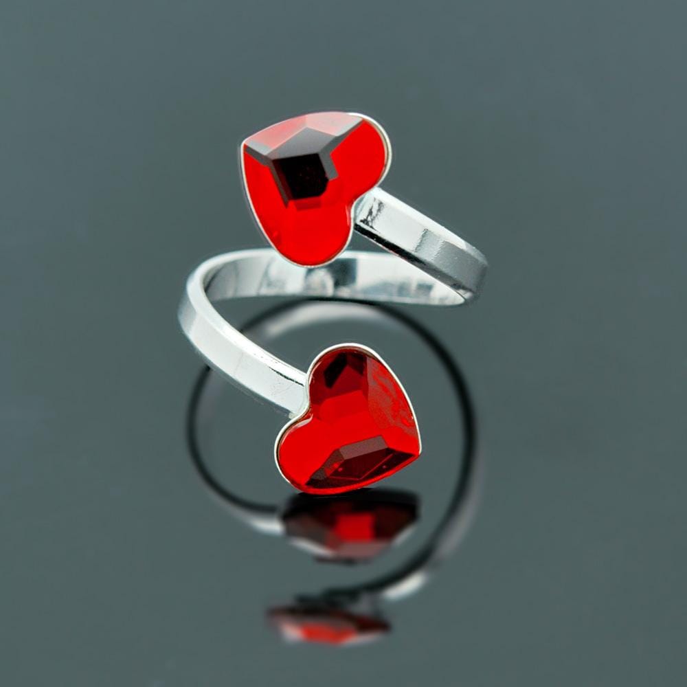 Sterling Silver adjustable open heart ring with Light Siam red heart crystals and rhodium plated finish