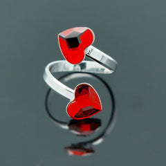 Sterling Silver adjustable open heart ring with Light Siam red heart crystals and rhodium plated finish