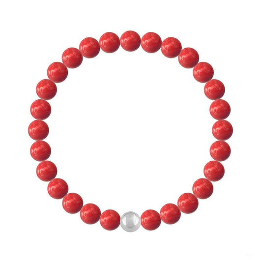 Sterling silver stretch bracelet with Genuine Swarovski red coral pearls and polished silver accent bead