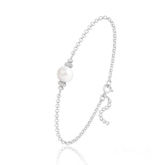 Sterling Silver bracelet with white pearl, crystal accent beads and adjustable extension chain