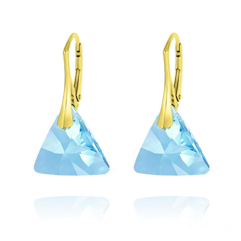 24K gold plated Sterling Silver leverback earrings with Aquamarine triangle Swarovski crystals