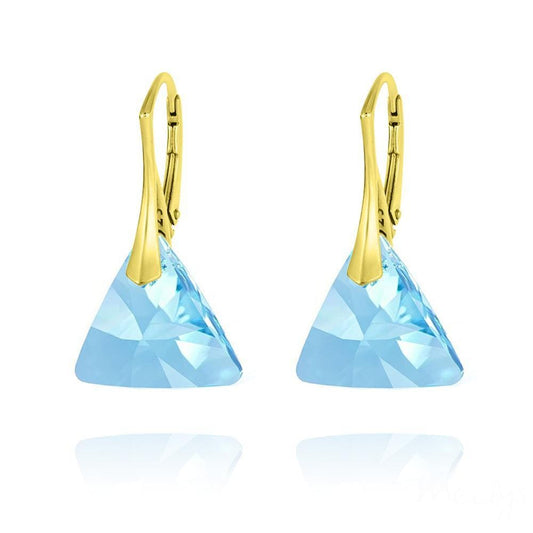24K gold plated Sterling Silver leverback earrings with Aquamarine triangle Swarovski crystals
