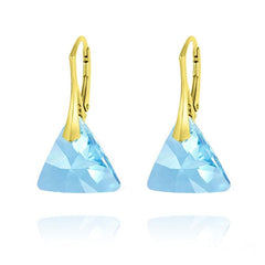 24K gold plated Sterling Silver leverback earrings with Aquamarine triangle Swarovski crystals