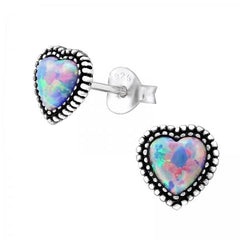 Silver Heart Opal Stud Earrings