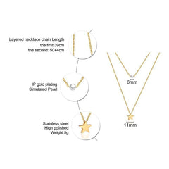 Steel Gold Star Pearl Layered Necklace