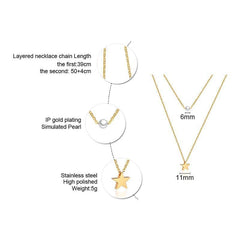 Steel Gold Star Pearl Layered Necklace