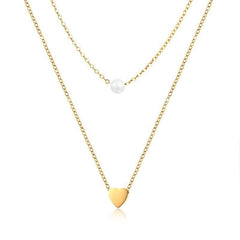 Stainless Steel Gold Pearl & Heart Double Necklace