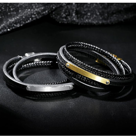 Stainless Steel Engravable ID Bracelet with Multi-Strand Braided Leather