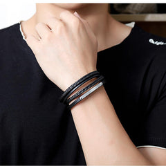 Stainless Steel Engravable ID Bracelet with Multi-Strand Braided Leather