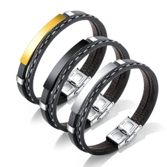 Stainless Steel Mens Engraving ID Bracelet Braided Leather Bracelet