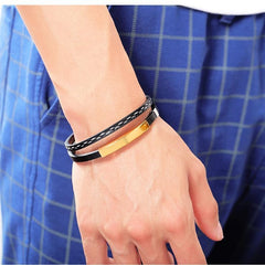 Stainless Steel Mens Engraving ID Bracelet Braided Leather Bracelet
