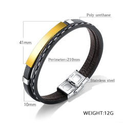 Stainless Steel Mens Engraving ID Bracelet Braided Leather Bracelet