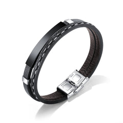Stainless Steel Mens Engraving ID Bracelet Braided Leather Bracelet