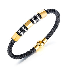 Men's Stainless Steel and Leather Bead Bracelet