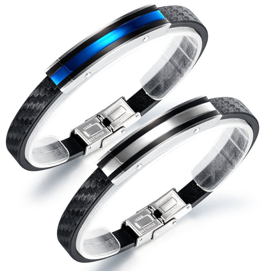 Steel and Leather Mens Bangle Bracelet