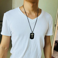 Stainless Steel Gold Dog Tag and Cross Pendant