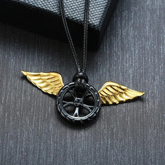 Stainless Steel Mens Tire & Wings Necklace