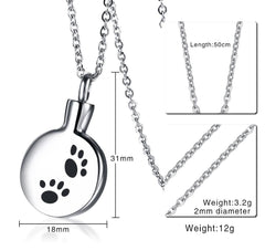 Stainless Steel Keepsake Paw Print Cremation Jewellery Necklace