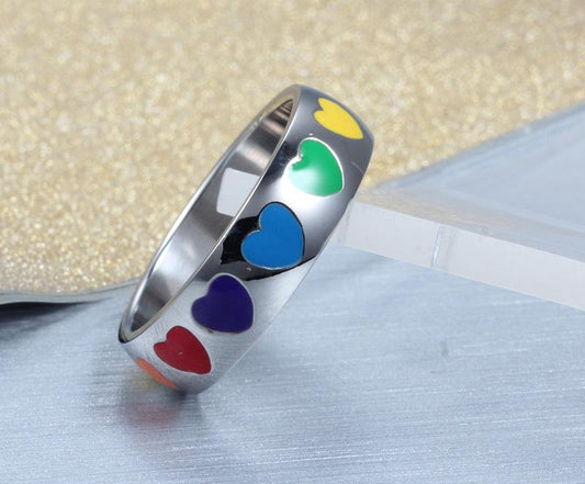 Stainless Steel Ranbow Love Heart Engagement Ring