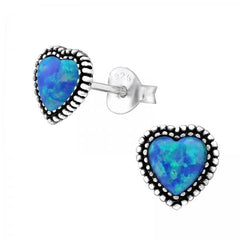 Silver Heart Opal Stud Earrings