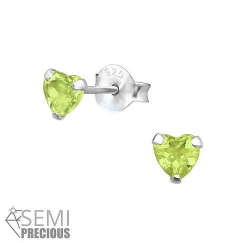 Silver Peridot Genuine Birthstone Heart Earrings