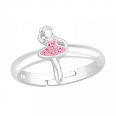 Kids adjustable sterling silver ballerina ring with four pink crystal stones, polished open band and 6 x 11 mm ballet dancer design, available in Australia.