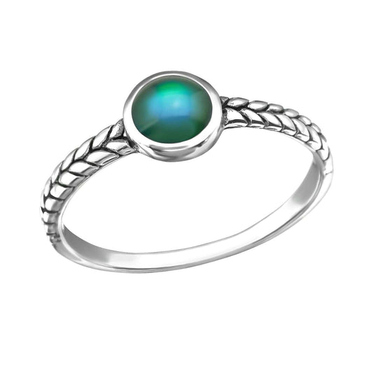 Oxidised sterling silver mood ring with a round colour-changing stone, textured band and 7 mm setting, available in US sizes 6–8 in Australia.