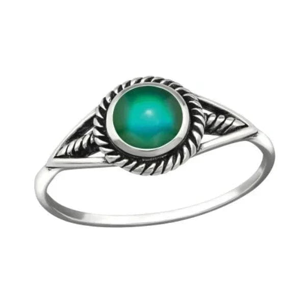 Women’s 925 sterling silver mood colour change ring with a green temperature-reactive centre, oxidised detailing and US sizes 6–8 in Australia.