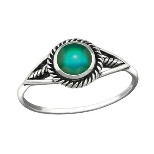 Women’s 925 sterling silver mood colour change ring with a green temperature-reactive centre, oxidised detailing and US sizes 6–8 in Australia.